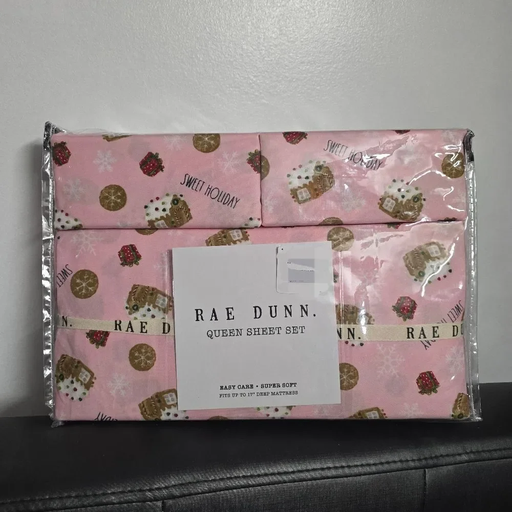 Rae Dunn Sweet Holiday Queen Sheet Set Pink Gingerbread Christmas Bedding NEW